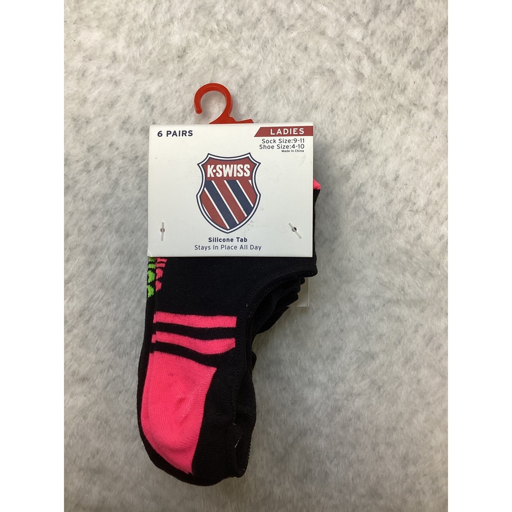 K-Swiss Womens 6 Pair No Show Foot Liner Socks Black Neon Silicone Tab KSSKL0174